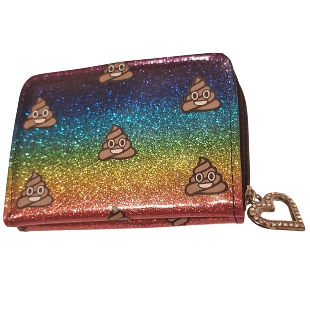 Rainbow Glitter Poop Emoji Bifold‎ Wallet with Rhinestone Heart Zipper Pull